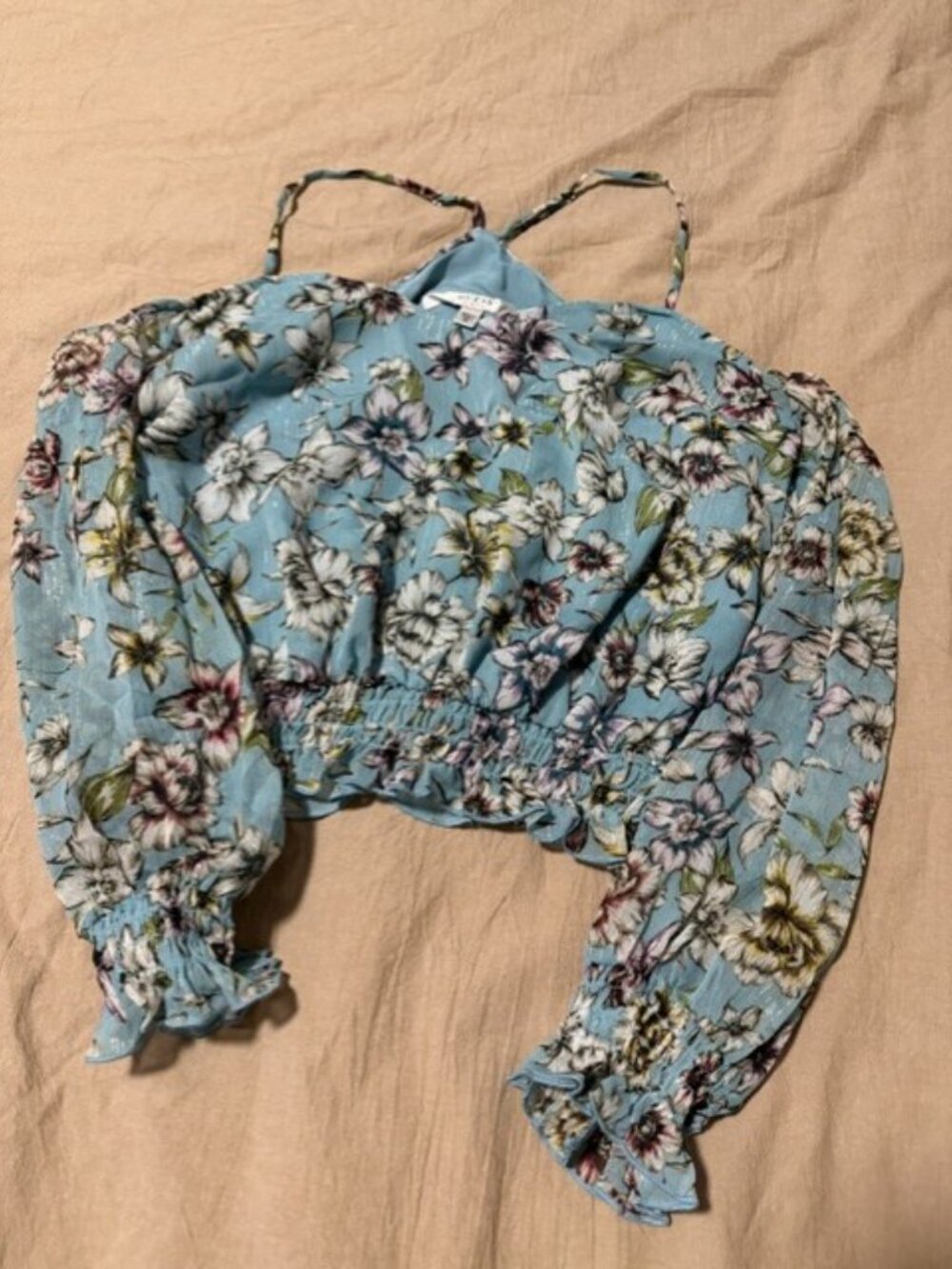 Guess Women's Blue Smocked Cold Shoulder Floral Ruffle Aston Top Size XS